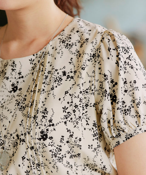 【アウトレット / 袖が選べる】配色モノクロ花柄ワンピース