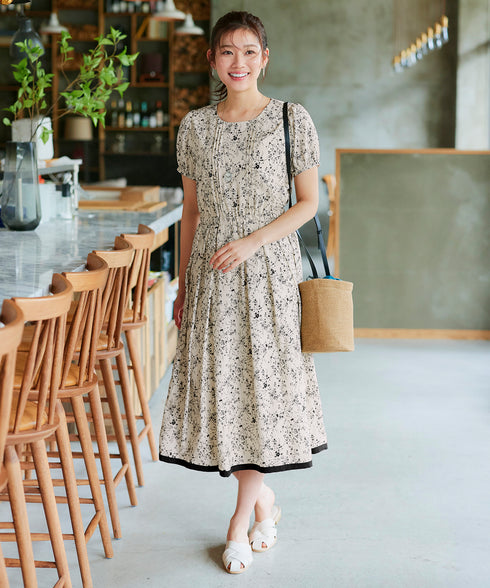 【アウトレット / 袖が選べる】配色モノクロ花柄ワンピース