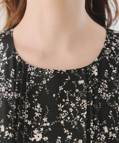 【アウトレット / 袖が選べる】配色モノクロ花柄ワンピース