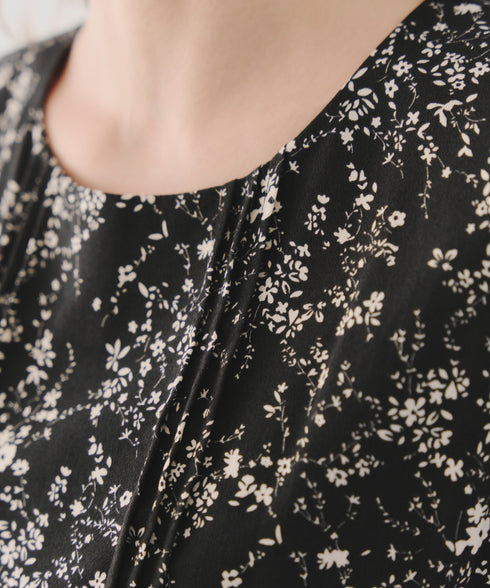 【アウトレット / 袖が選べる】配色モノクロ花柄ワンピース