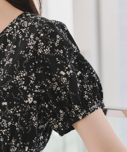 【アウトレット / 袖が選べる】配色モノクロ花柄ワンピース