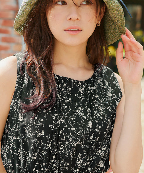 【アウトレット / 袖が選べる】配色モノクロ花柄ワンピース