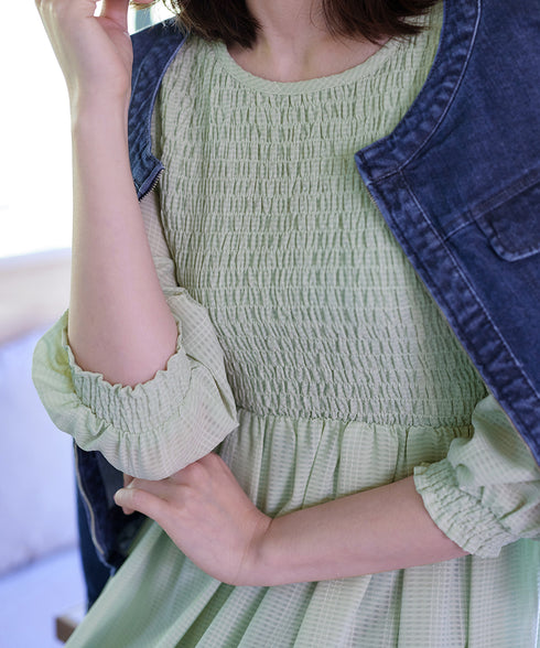 【アウトレット】シャーリングパフスリーブシアーワンピース