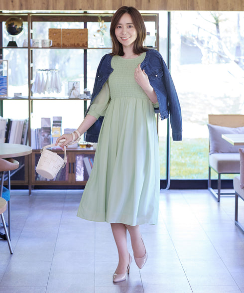 【アウトレット】シャーリングパフスリーブシアーワンピース