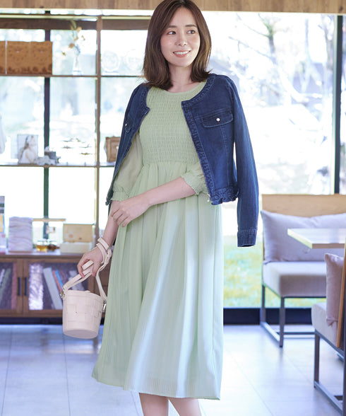 【アウトレット】シャーリングパフスリーブシアーワンピース