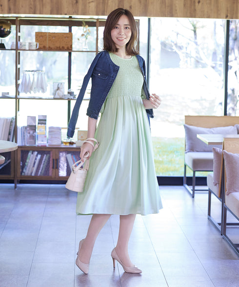 【アウトレット】シャーリングパフスリーブシアーワンピース