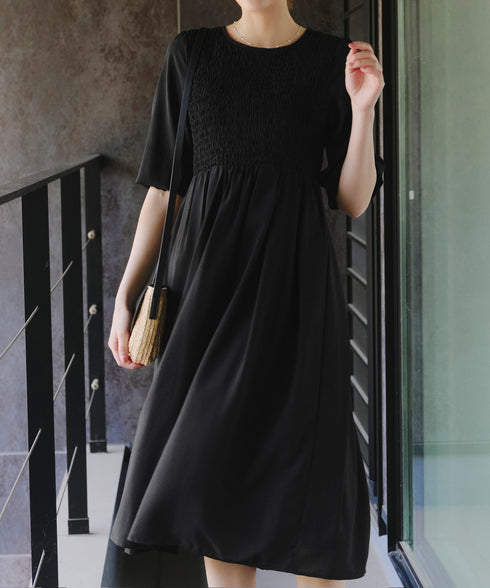 【アウトレット】シャーリングパフスリーブシアーワンピース