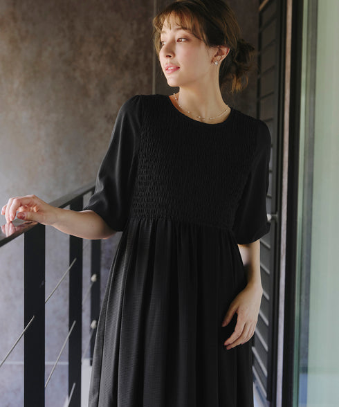【アウトレット】シャーリングパフスリーブシアーワンピース