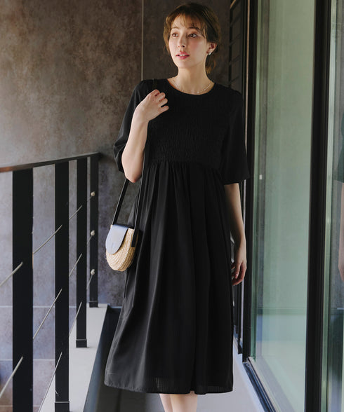 【アウトレット】シャーリングパフスリーブシアーワンピース