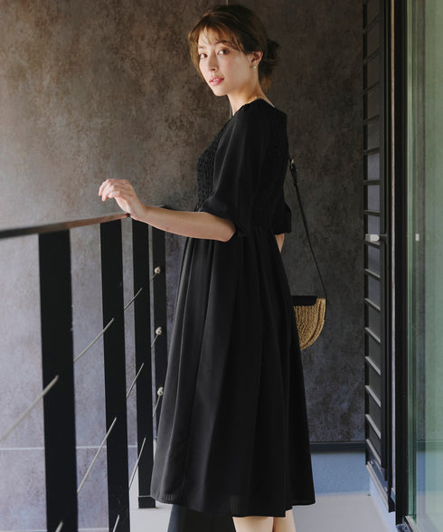 【アウトレット】シャーリングパフスリーブシアーワンピース