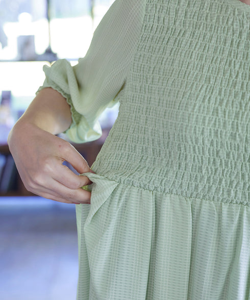 【アウトレット】シャーリングパフスリーブシアーワンピース