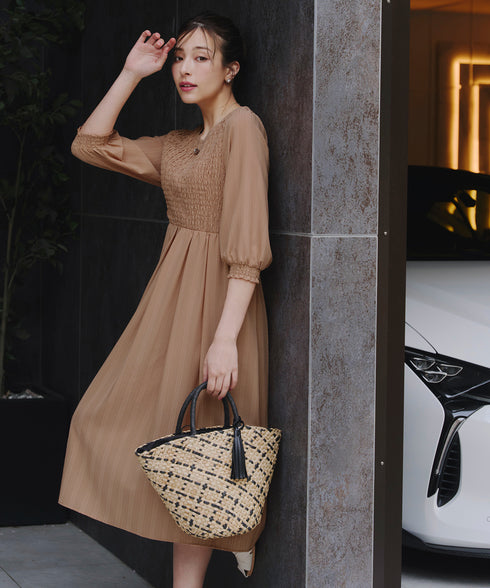 【アウトレット】シャーリングパフスリーブシアーワンピース