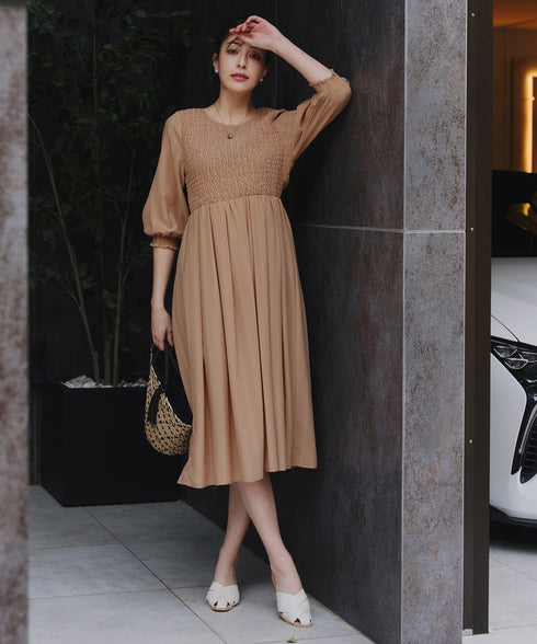 【アウトレット】シャーリングパフスリーブシアーワンピース