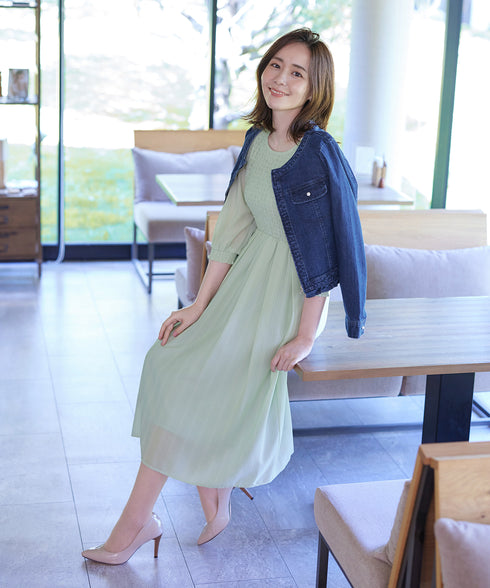 【アウトレット】シャーリングパフスリーブシアーワンピース