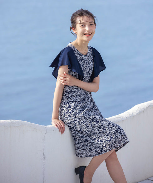 【アウトレット】フレアスリーブ花柄サックワンピース