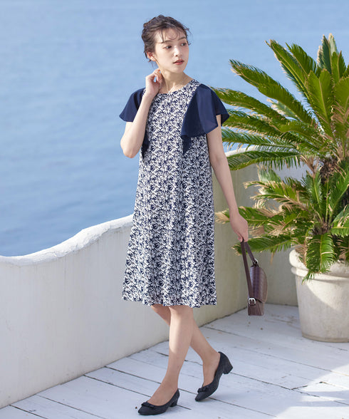【アウトレット】フレアスリーブ花柄サックワンピース