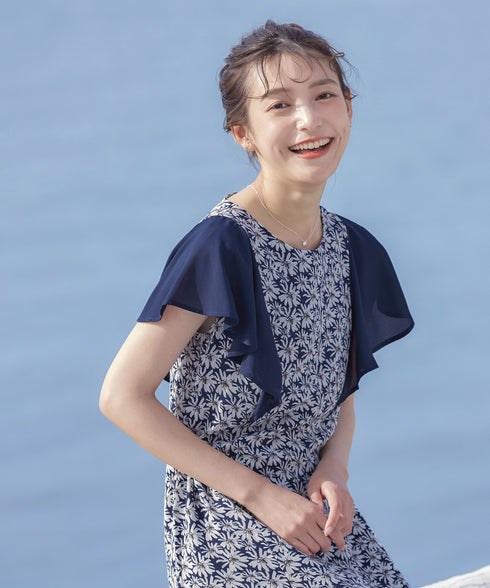 【アウトレット】フレアスリーブ花柄サックワンピース