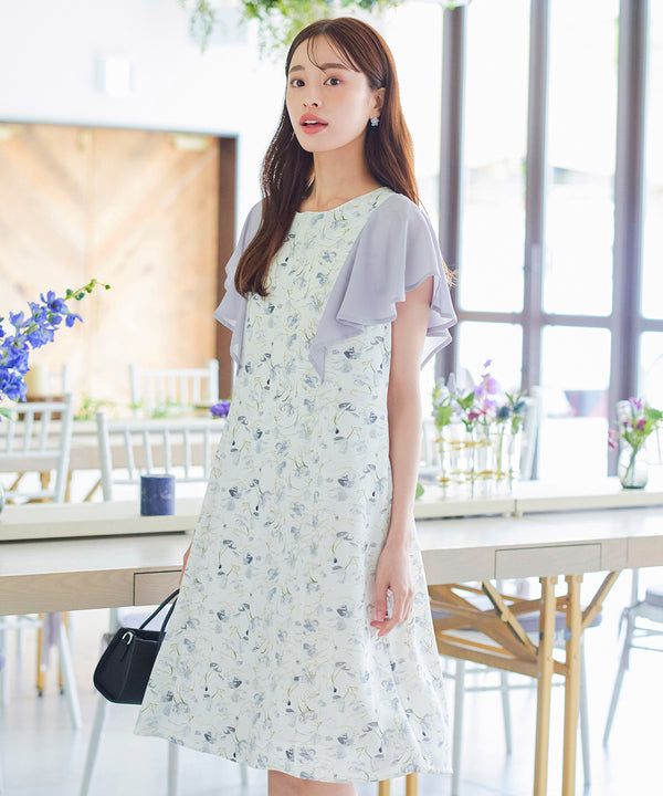 【アウトレット】フレアスリーブ花柄サックワンピース