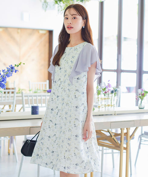 【アウトレット】フレアスリーブ花柄サックワンピース