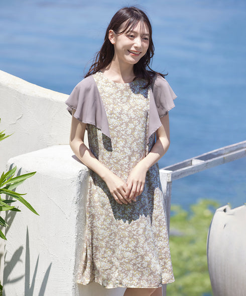 【アウトレット】フレアスリーブ花柄サックワンピース