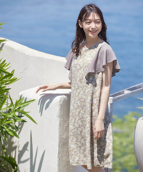 【アウトレット】フレアスリーブ花柄サックワンピース