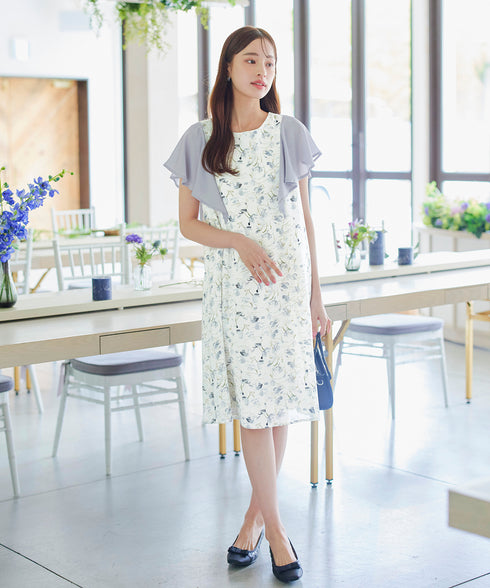 【アウトレット】フレアスリーブ花柄サックワンピース