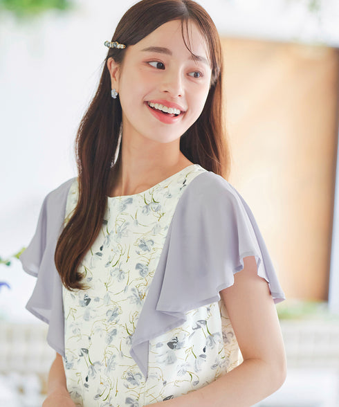 【アウトレット】フレアスリーブ花柄サックワンピース