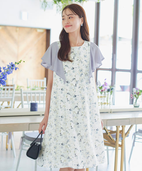 【アウトレット】フレアスリーブ花柄サックワンピース