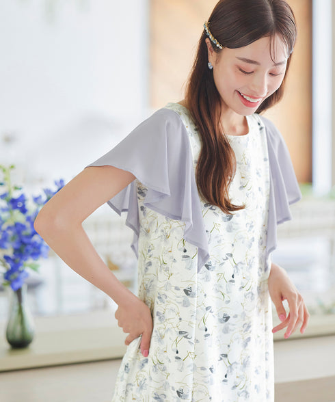 【アウトレット】フレアスリーブ花柄サックワンピース