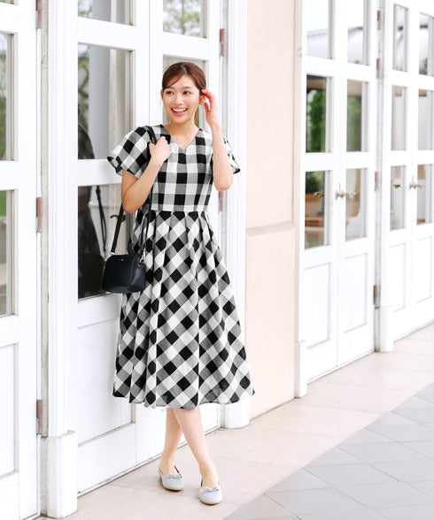 【アウトレット / 袖が選べる】大柄ギンガムチェックワンピース