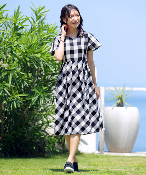 【アウトレット / 袖が選べる】大柄ギンガムチェックワンピース