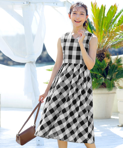 【アウトレット / 袖が選べる】大柄ギンガムチェックワンピース