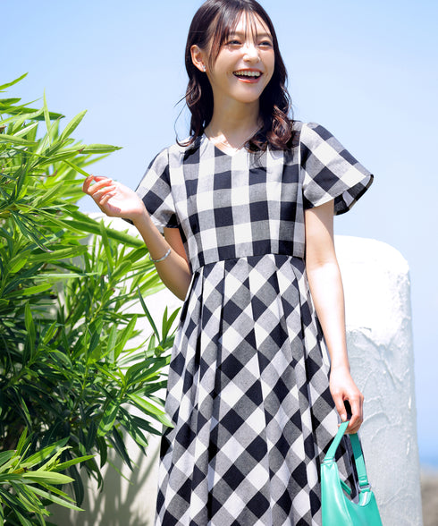 【アウトレット / 袖が選べる】大柄ギンガムチェックワンピース