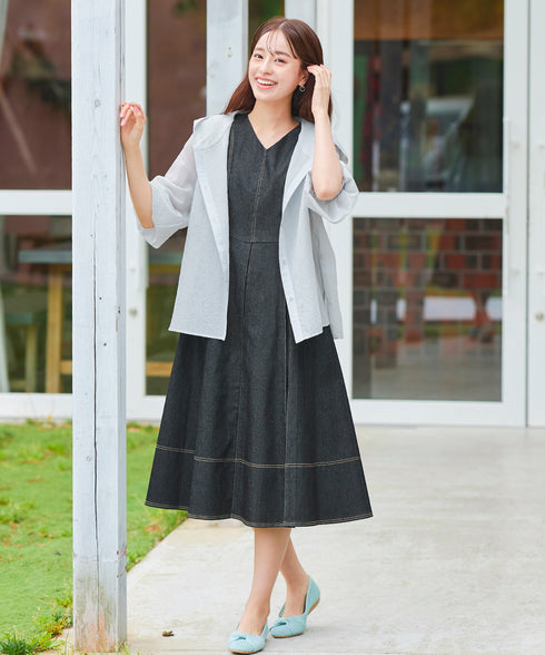 【アウトレット】デニムタックフレアワンピース