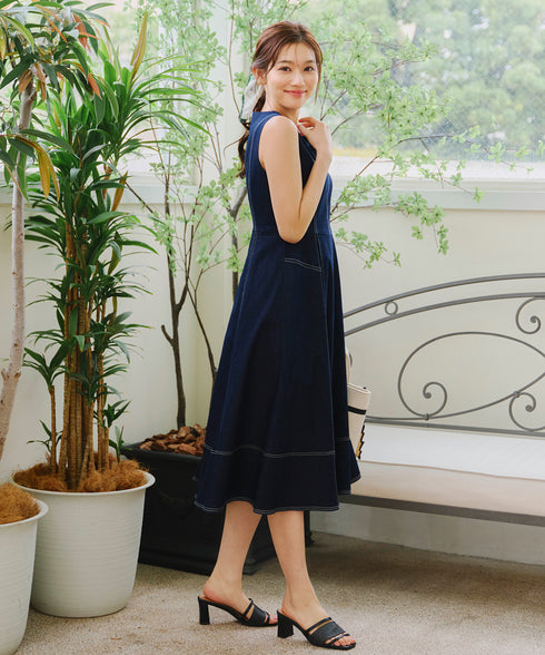 【アウトレット】デニムタックフレアワンピース