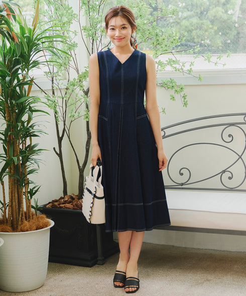 【アウトレット】デニムタックフレアワンピース