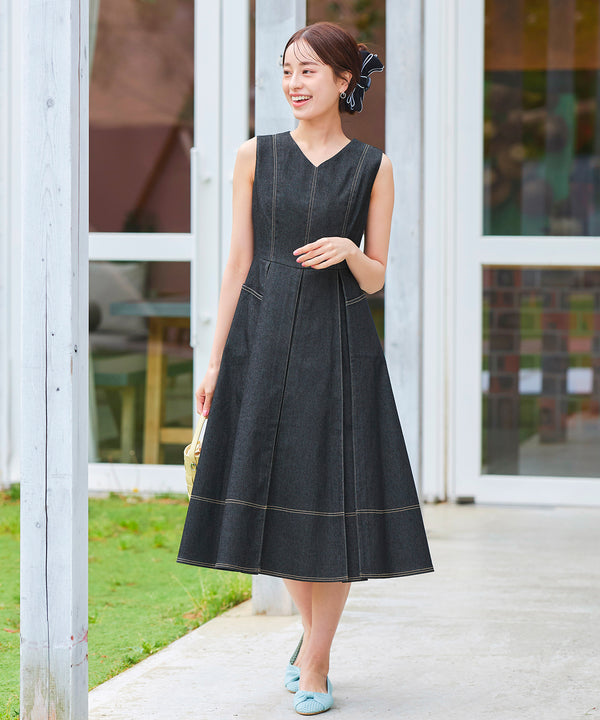 【アウトレット】デニムタックフレアワンピース