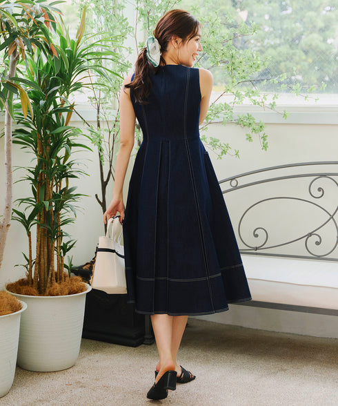 【アウトレット】デニムタックフレアワンピース