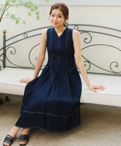 【アウトレット】デニムタックフレアワンピース