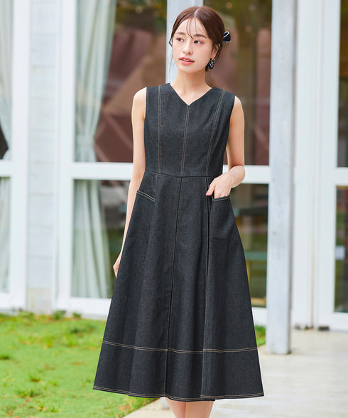 【アウトレット】デニムタックフレアワンピース
