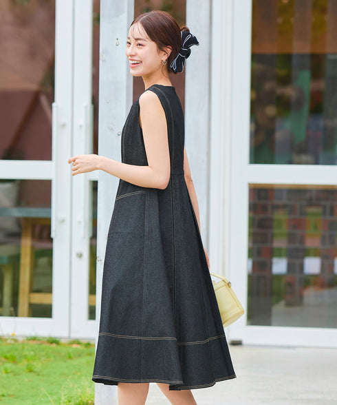 【アウトレット】デニムタックフレアワンピース