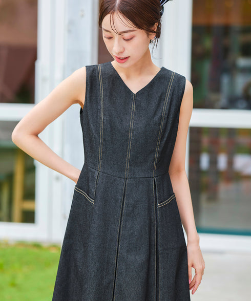 【アウトレット】デニムタックフレアワンピース