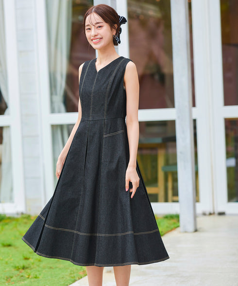【アウトレット】デニムタックフレアワンピース