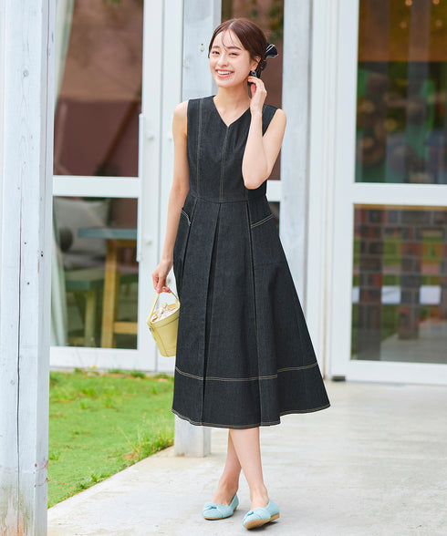 【アウトレット】デニムタックフレアワンピース