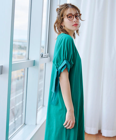 【アウトレット】デザインカフス付きマキシカットソーワンピース