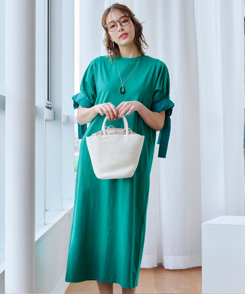 【アウトレット】デザインカフス付きマキシカットソーワンピース