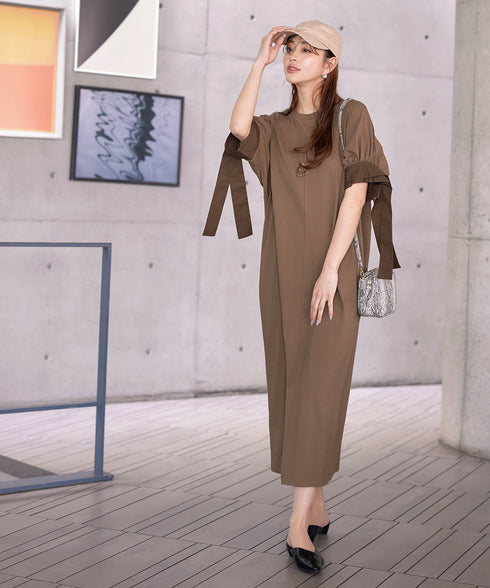 【アウトレット】デザインカフス付きマキシカットソーワンピース