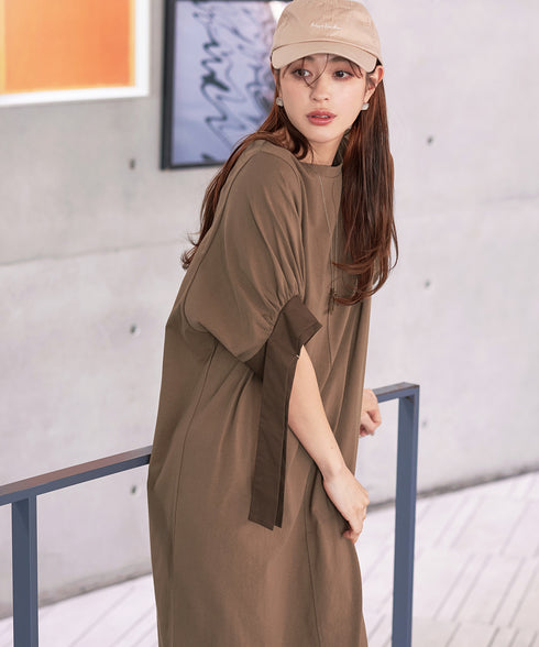 【アウトレット】デザインカフス付きマキシカットソーワンピース