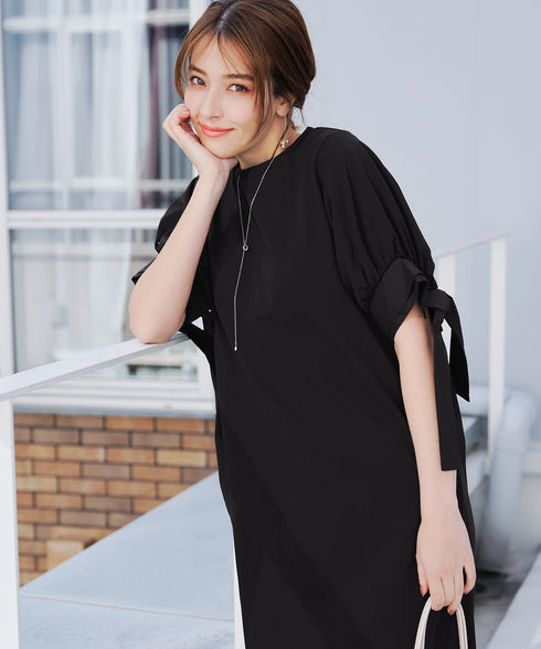 【アウトレット】デザインカフス付きマキシカットソーワンピース