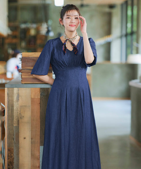 デニムタックギャザーワンピース